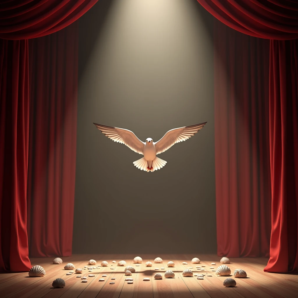 There's a big bird flying over the stage., Surreal 3D rendering, Global Illumination. Visual Effects, realistic cinema 4 d render, Theater stage, cinema 4 d art, Render in Cinema4D, Rendered in Cinema 4D, Inspired by Kurt Wenner, 3D illustration, Expressed in 3D rendering, Rendered with CGI, A seagull performing on a grand stage with seashells scattered around, merging performance art and nature. Make it highly photorealistic, capturing the textures and lighting.