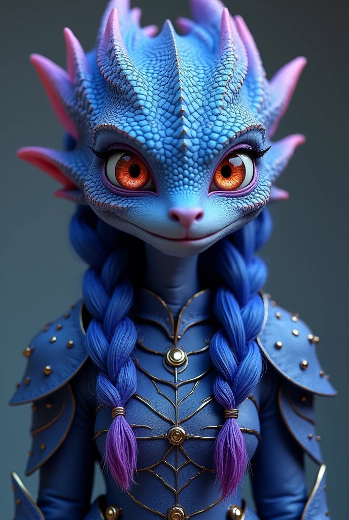 Create a HUMAN in blue and purple, high, bright eyes scaly, that has braided hair, armored and full body
