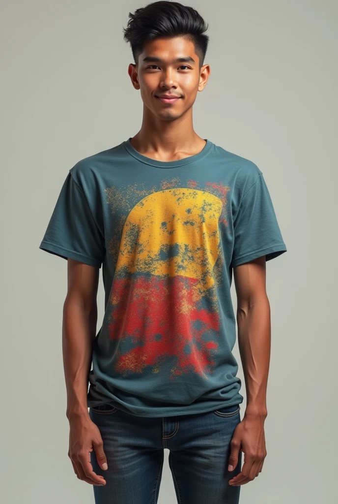 Photorealism An 18 year old Indonesian man with a thin smiling face looking forward ,skinny and short body wearing a cool colorful graphic t-shirt, with haircut (short slicked back) ,jeans ,hands down