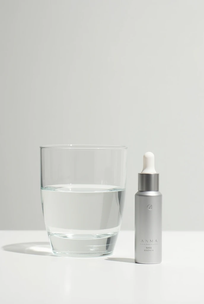 I want a photo showing a glass half full of water and a 30 ML silver dropper bottle.
