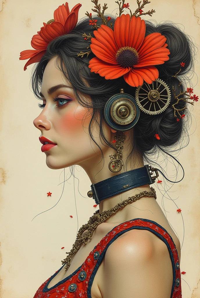 Charlie Bowater realistic Lithography sketch portrait of a woman, flowers, [gears], pipes, dieselpunk, multi-colored ribbons, old paper texture, highly detailed, beata undine