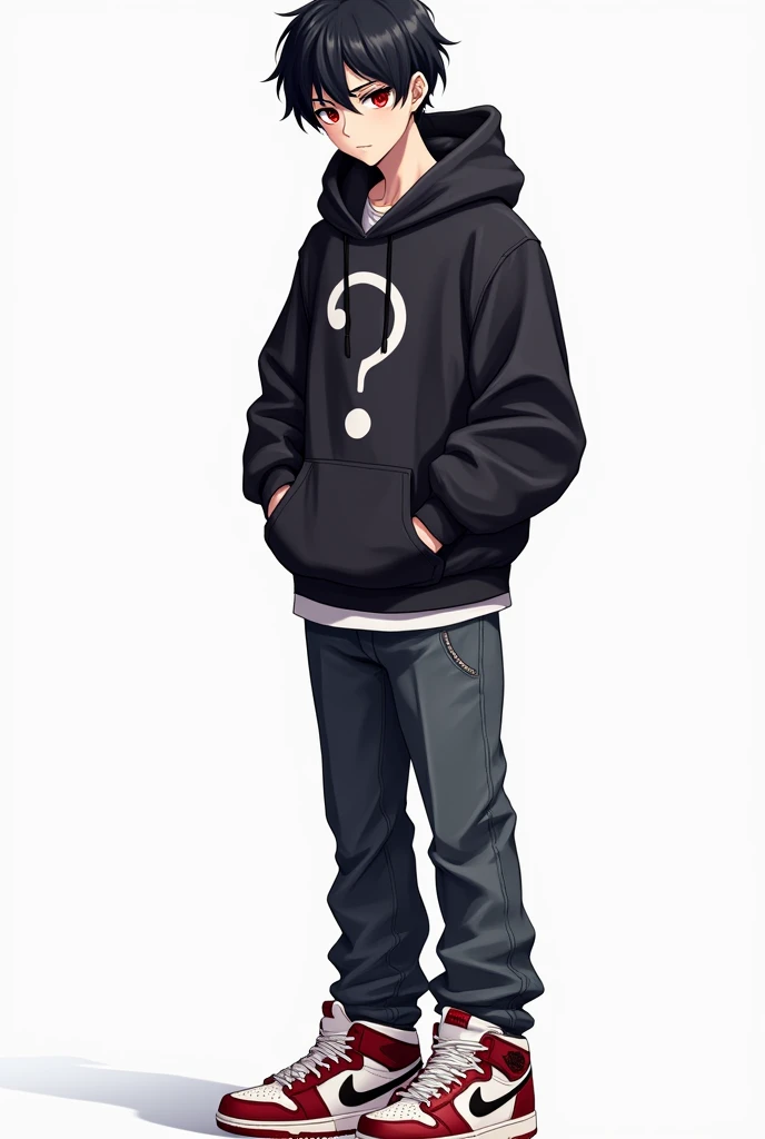 (masterpiece), (extremely intricate:1.3), (realistic), ((1girl)), ((solo)),1 boy, handsome boy, black hair, hair with comma, hair with comma on forehead, Korean hair, street style, hoodie, white background, bright, red eyes, looking at viewer, full body, Nike sneakers.