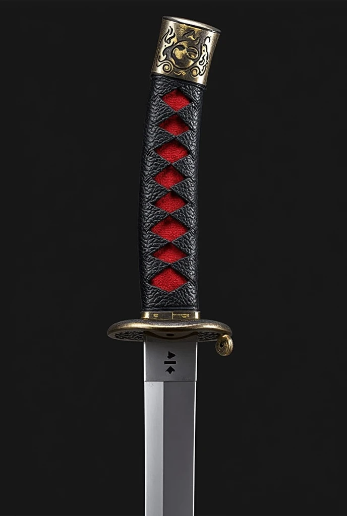 Katana Description: "Reikon no Yaiba" (Anime like style)
Handle (Tsuka):
Length: Approximately 25 cm.
Material: The handle is wrapped in black leather with a rough texture for a firm grip.
Details: The leather is interwoven in a diamond pattern, revealing a dark red background underneath. At the end of the handle, there is a selector that has small numbers inscribed in black, from 0 to 11, with the number 11 accompanied by a skull.
Guard (Tsuba):
Shape: The guard is oval-shaped, with intricately carved edges in a pattern of intertwined flames and waves, representing the fire and water elements that Hikari controls.
Material: Made of dark steel, with golden details on the flames and silver on the waves.