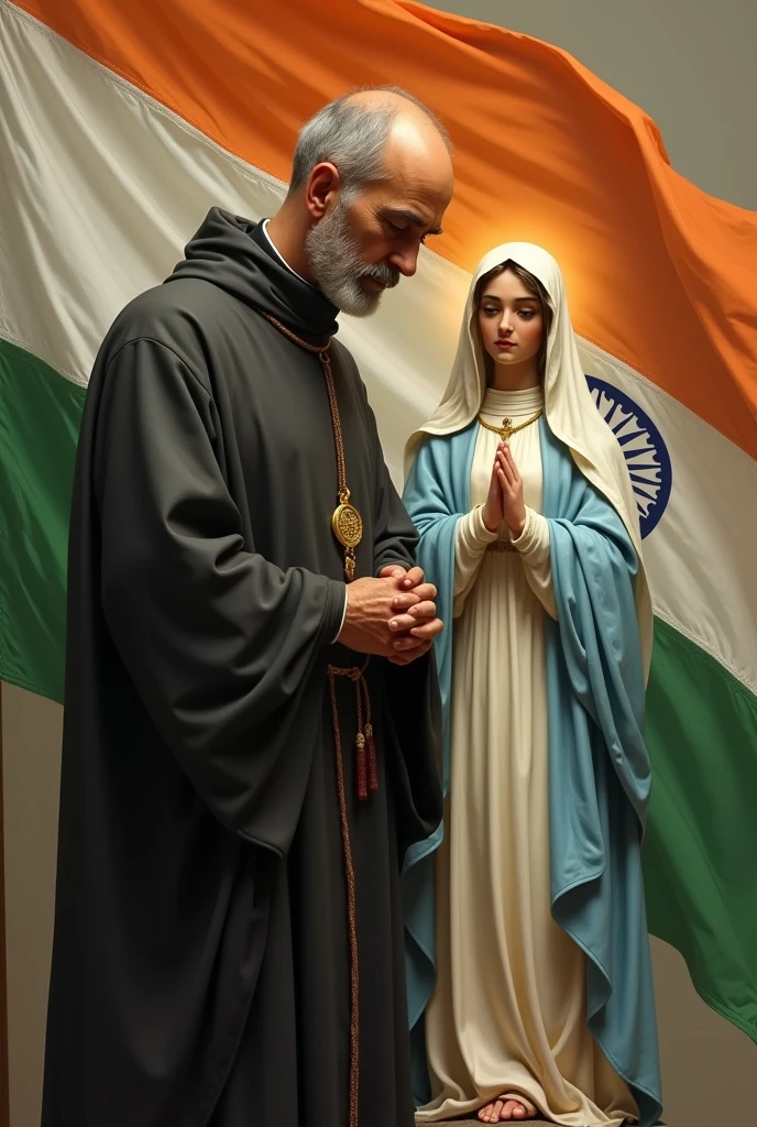 Saint Maximilian Kolbe with conventual habit standing near the foot of mother mary on the tope indian flag