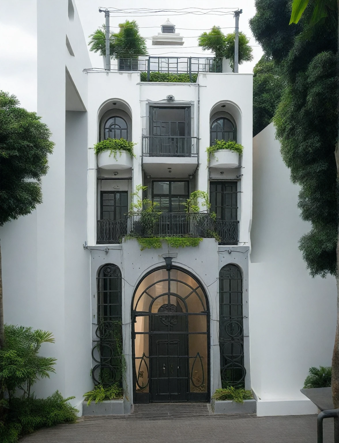 RAW photo, a photo of a modern house, (curvilinear chrchitecture:1.4), Wabisabi style rounded wall, white wall, steel dark gate, sidewalk, sidewalk trees, ((grey gate:1.2)), road, viet nam modern residence, ((architectural shot)), rough white wall, new residential area, wide angle exterior 2022, contemporary house, exterior photography, masterpiece, contemporary architecture, overcast, indirect lighting