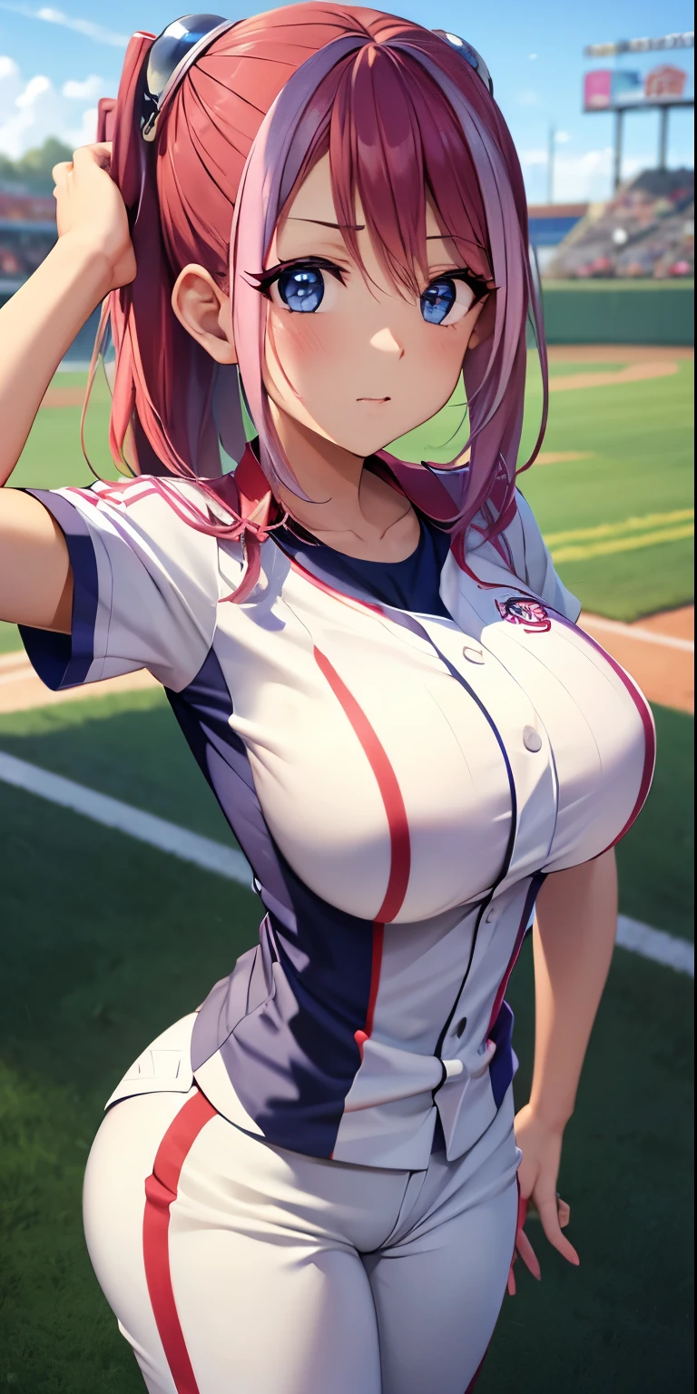 Beautiful girl ,busty girl, medium tits,hy1, hair ornament, multicolored hair, baseball player, baseball player costume,(pov,closed shot:1.2),8k, detailed face,cute face,huge ass