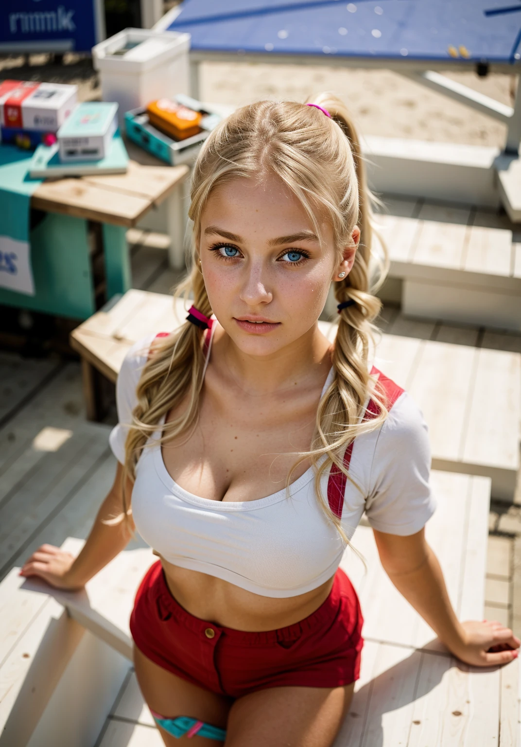Best quality,Realist),Girly Face,22 years old,(Practical,photo-Practical:1.37),1 Girl,Beautiful young girl,whole body, blond，White girl with twin ponytails，， The focus of the image is the girl&#39;s facial expression，Smile，(((sit在大学教室的座位上))，Wear a sexy short skirt，Overlooking，Big breasts， Wearing sexy clothes, Big Ass, 照片由whole body拍摄, sit，University Classroom Background