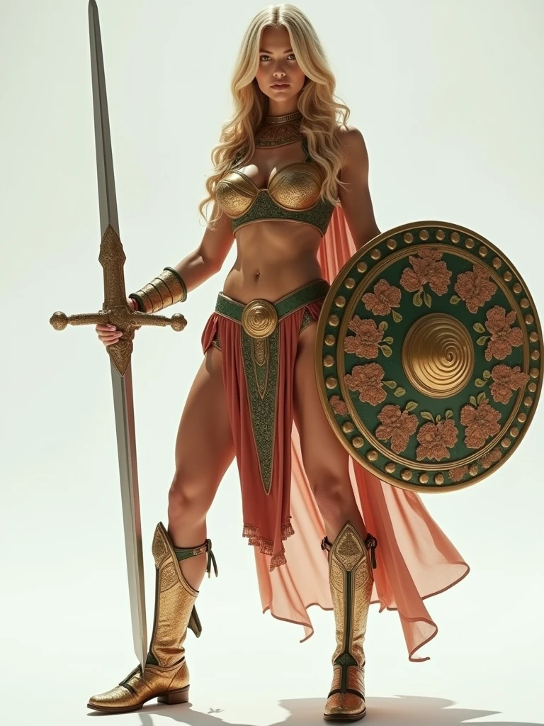 full body image beautiful, well proportioned and realistic 35 year old woman, the perfect beauty, (a Nordic warrior goddess Valkyrie,) beautiful, perfect and athletic, platinum blonde and (super golden blonde) hair with highly detailed braids, emerald green eye color, round iris, well defined and uniform color, (ALBIAN SKIN OF PORCELAIN), pale face, super detailed, with Viking armor, bow and arrows.