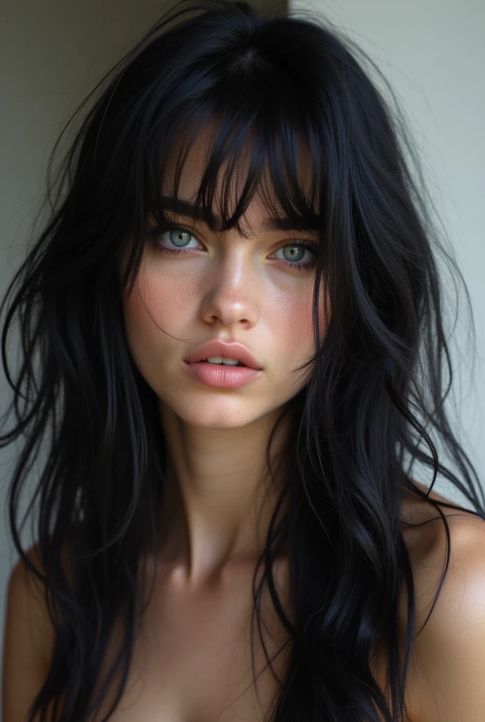 creates a beautiful thin face, long black hair shaggy style, thin, athletic and without clothes