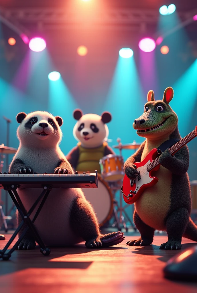 A cute seal playing keyboard with a band where the bassist is a panda bear, the guitarist is an alligator. Put together a drum kit where the drummer is a turtle.