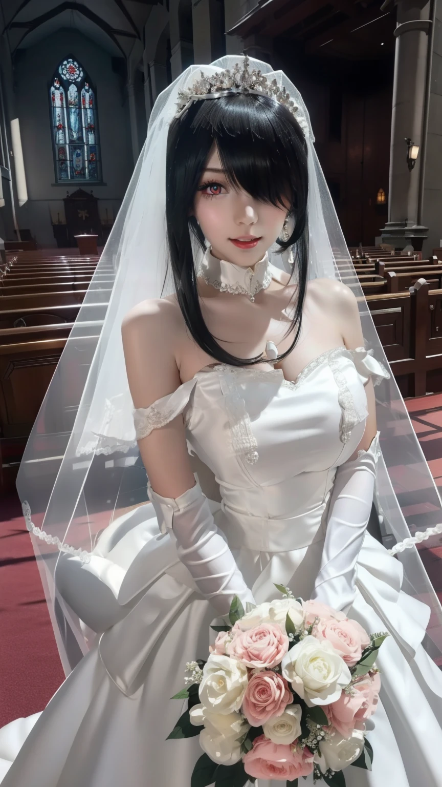 Off-the-shoulder white wedding dress, Snow White Veil, Collar, Silver Crown, 拴着铁链的Collar, earrings, Church Background, Plant Yunzhou, anime cels style, best quality, high resolution, 1 Girl, (Huge breasts:1.2), Pretty Face, Black Hair, Long hair, ((Hair covering one eye)), Pursed lips, Want to kiss，Showing breasts，Red eyes，White skin，dog leash，黑色Collar，Transparent white dress