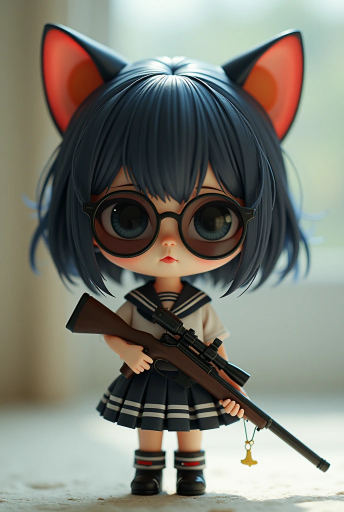 Chibi-chara Lolita girl with cat ears wearing a sailor uniform and sunglasses holding a sniper rifle　
More mysterious and doll-like. A little more Japanese. More doll-like and not cute. More cute. The cute taste is fine. But a cuter face. Not anime-like. Doll-like.