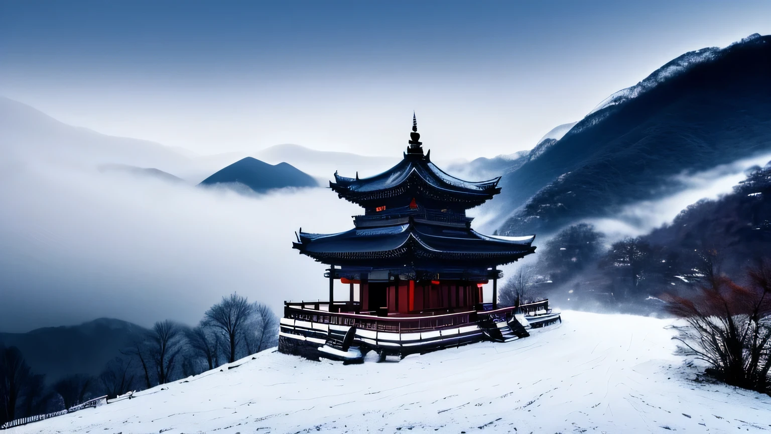 Wudang Mountain, Background landscape of snowy mountains and thick fog. Darker and more relaxing images. night