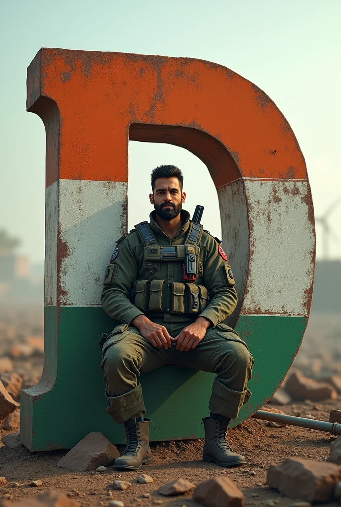 (photorealism:1.2), beautiful man, sitting on 3D name 'D' latter, 3D name is 175% big in size'BADAL KUMAR' colour in like a Indian Flag,wearing like a Indian soulder with proper gadgets like a futuristic gune , background like a seen of world war