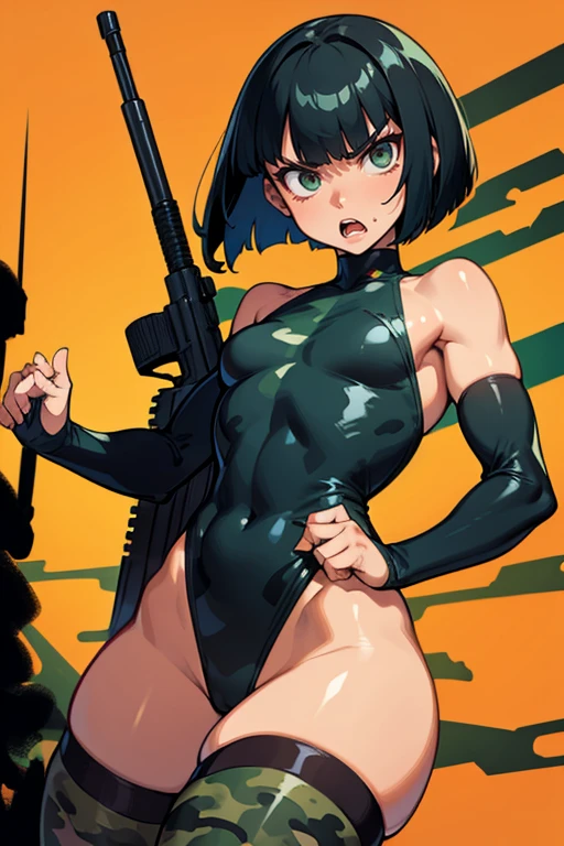  thick hips,  thick thighs, platform  heels, high cut leotard, flat chest, thin waist, bob cut hair, weapon, tanned skin, gun, angry look, military camouflage, scream, thick body, fitness, stockings,