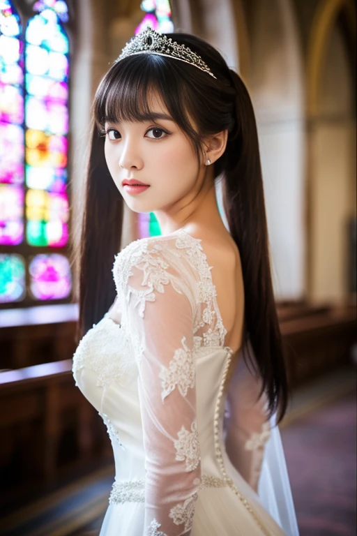 (turn your whole body to the viewer:1.5),(perfect face, narrow eyes, solo photo of 24 year old, the most attractive woman in japan with a beautiful face),(she looks at the viewer with a very seductive expression),(her deep black hair is incredibly voluminous, very heavy, unusually straight, very shiny, silky, reaches the buttocks, extremely long twin tails or long ponytail, very thick, deep black, bristles, extremely long twin tails:1.3, extremely long ponytail:1.3),(familiar),(get used to it),(her skin is typical japanese skin color, very detailed),(big breasts),(she has a beautiful face with a slender figure, narrow eyes),(her front bangs are well-groomed full bangs and blunt bangs:1.4),(she has perfect sexy makeup, lipstick is light red, black eyeliner),(she is in a leaning forward standing pose towards the viewer:1.3),(rich:1.4),(extremely detailed 8k),(ultra-fine skin texture:1.4),(actual, vibrant:1.4),double eyelid,sharp focus:1.2,beautiful woman:1.4,dynamic lighting,(genuine raw photos taken by professional photographers),professionally lit from the front,(this is a church with stained glass, bride in white wedding dress and gloves standing in front of mirror, dressed beautiful gown, wedding dress, wearing organza gown, wearing a wedding dress, wear a voile dress, white gown, white regal gown, gown, beautiful gown, beautiful wedding dress, tulle and lace, white!!, beautiful and elegant, white gloves, ground!, white royal dress, white satin gloves),(she's perfect tiara)