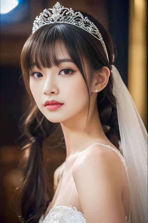 (turn your whole body to the viewer:1.5),(perfect face, narrow eyes, solo photo of 24 year old, the most attractive woman in japan with a beautiful face),(she looks at the viewer with a very seductive expression),(her deep black hair is incredibly voluminous, very heavy, unusually straight, very shiny, silky, reaches the buttocks, extremely long twin tails or long ponytail, very thick, deep black, bristles, extremely long twin tails:1.3, extremely long ponytail:1.3),(familiar),(get used to it),(her skin is typical japanese skin color, very detailed),(big breasts),(she has a beautiful face with a slender figure, narrow eyes),(her front bangs are well-groomed full bangs and blunt bangs:1.4),(she has perfect sexy makeup, lipstick is light red, black eyeliner),(she is in a leaning forward standing pose towards the viewer:1.3),(rich:1.4),(extremely detailed 8k),(ultra-fine skin texture:1.4),(actual, vibrant:1.4),double eyelid,sharp focus:1.2,beautiful woman:1.4,dynamic lighting,(genuine raw photos taken by professional photographers),professionally lit from the front,(this is a church with stained glass, bride in white wedding dress and gloves standing in front of mirror, dressed beautiful gown, wedding dress, wearing organza gown, wearing a wedding dress, wear a voile dress, white gown, white regal gown, gown, beautiful gown, beautiful wedding dress, tulle and lace, white!!, beautiful and elegant, white gloves, ground!, white royal dress, white satin gloves),(she's perfect tiara)