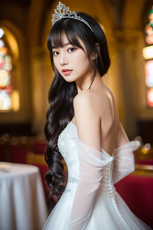 (turn your whole body to the viewer:1.5),(perfect face, narrow eyes, solo photo of 24 year old, the most attractive woman in japan with a beautiful face),(she looks at the viewer with a very seductive expression),(her deep black hair is incredibly voluminous, very heavy, unusually straight, very shiny, silky, reaches the buttocks, extremely long twin tails or long ponytail, very thick, deep black, bristles, extremely long twin tails:1.3, extremely long ponytail:1.3),(familiar),(get used to it),(her skin is typical japanese skin color, very detailed),(big breasts),(she has a beautiful face with a slender figure, narrow eyes),(her front bangs are well-groomed full bangs and blunt bangs:1.4),(she has perfect sexy makeup, lipstick is light red, black eyeliner),(she is in a leaning forward standing pose towards the viewer:1.3),(rich:1.4),(extremely detailed 8k),(ultra-fine skin texture:1.4),(actual, vibrant:1.4),double eyelid,sharp focus:1.2,beautiful woman:1.4,dynamic lighting,(genuine raw photos taken by professional photographers),professionally lit from the front,(this is a church with stained glass, bride in white wedding dress and gloves standing in front of mirror, dressed beautiful gown, wedding dress, wearing organza gown, wearing a wedding dress, wear a voile dress, white gown, white regal gown, gown, beautiful gown, beautiful wedding dress, tulle and lace, white!!, beautiful and elegant, white gloves, ground!, white royal dress, white satin gloves),(she's perfect tiara)