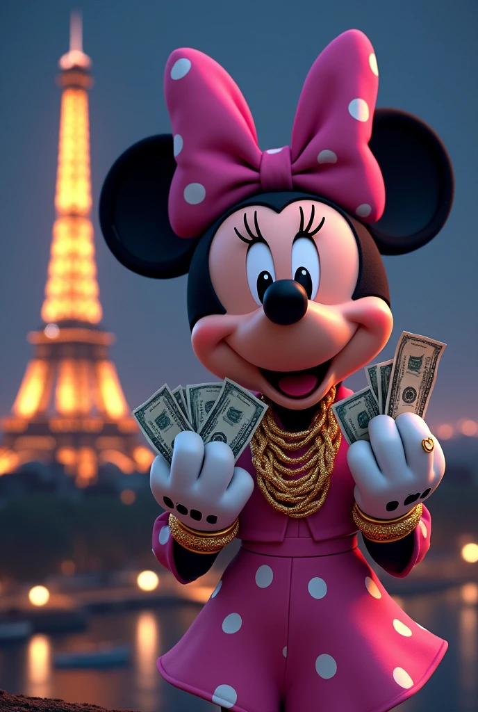 Medium fuchsia Minnie mouse with small face gold chains, gold rings, with bills in hand and behind the Paris Tower at night