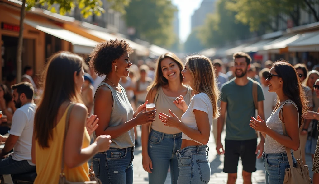Imagine a busy urban square during the day, where a crowd of people are engaged in lively conversation. There are groups of friends, families, and coworkers, all interacting with each other. The scene is full of diversity, with people of different ages, ethnicities and clothing styles, gesturing and laughing. The environment is vibrant, with sounds of overlapping voices and the murmur of conversations in several languages. Ao fundo, there are cafes with outdoor tables, where more people are sitting, enjoying the social moment. Daylight is bright, reflecting on people's faces as they share stories and connect with each other.