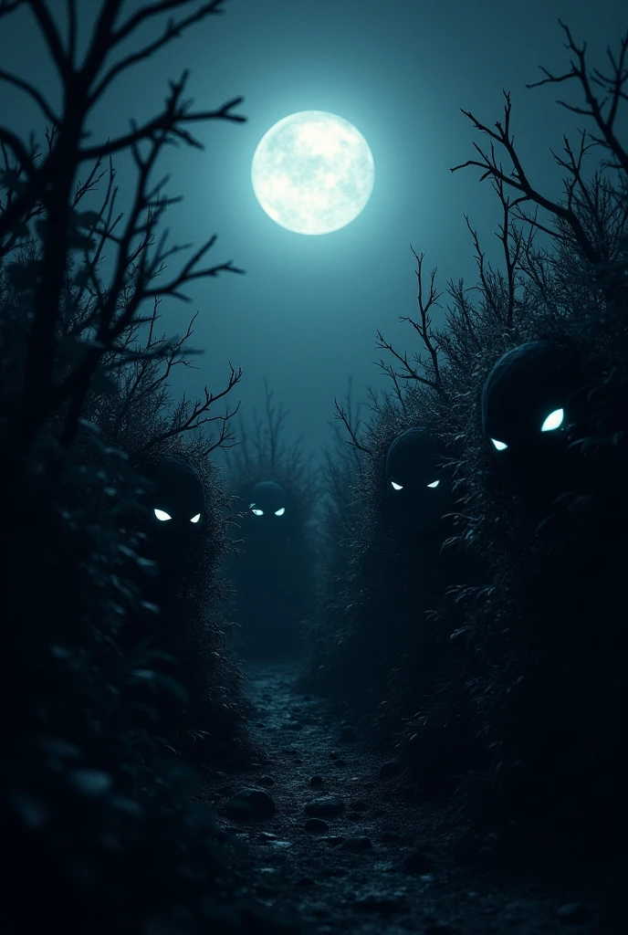 Monsters  withdaout form furious eyes behind the bushes on the moonlit night 