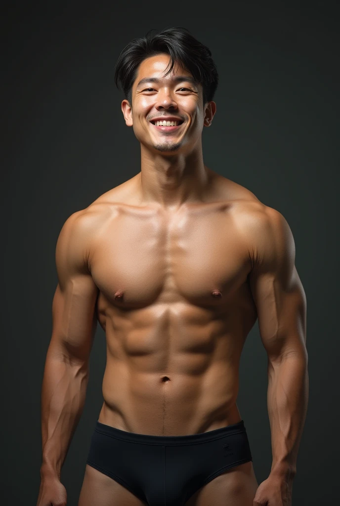 In the charming picture there is a handsome Korean man 35 years old with his beam., His charm radiated as he proudly showed off his sixpack in a full standing pose.. He wore a sexy briefs, that highlighted his figure,. With unparalleled attention to detail., This photorealistic portrait combines the style of National Geographic., Capture every detail of his textured skin in 8k resolution. Leica digital SLR camera. His features were clearly visible., From the deep-set eyes to the chiselled jawline., Make this image a true masterpiece..Lift. (8K UHD、RAW Photography、Photorealistic Portrait Leica Digital SLR、Lifelike images),wet body