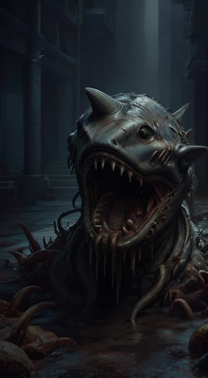 wet, dripping, (Masterpiece:1.3) (best quality:1.2) (high quality:1.1), a shark mimics as a military tank to capture humans. Mimicry. Mimic. Monster tank. Tank for war