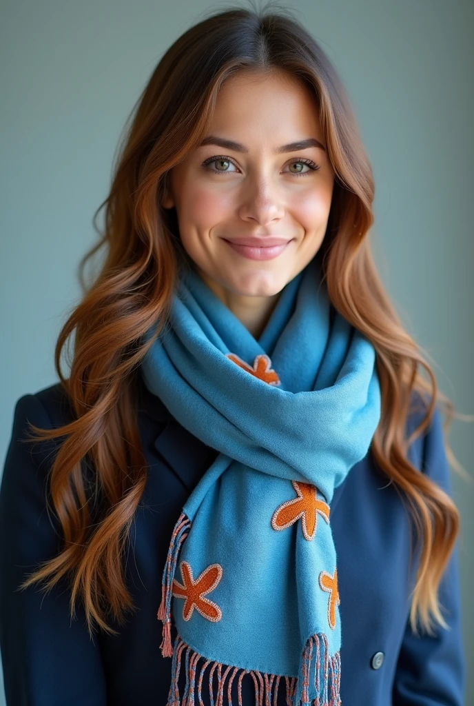 A blue tone，Orange-embellished bank employee scarf