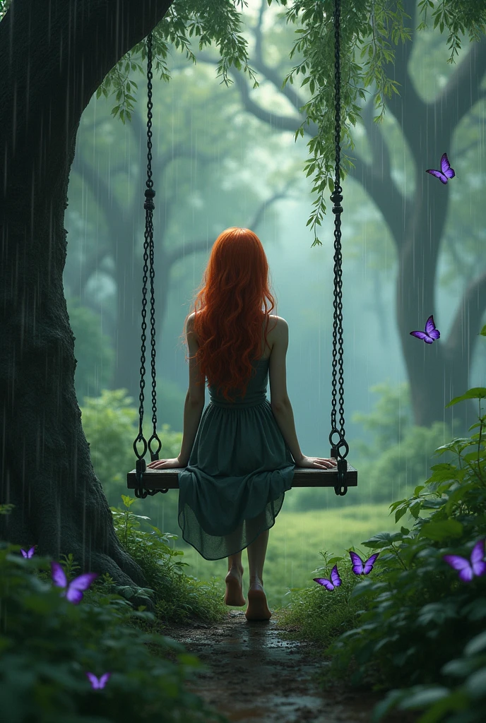 A very beautiful redhead girl, sitting on a swing in the rain, in a huge garden with trees and purple butterflies around the girl who doesn&#39;t look animated and looks realistic, but the face cannot be seen, that is from behind, and the butterflies look real 