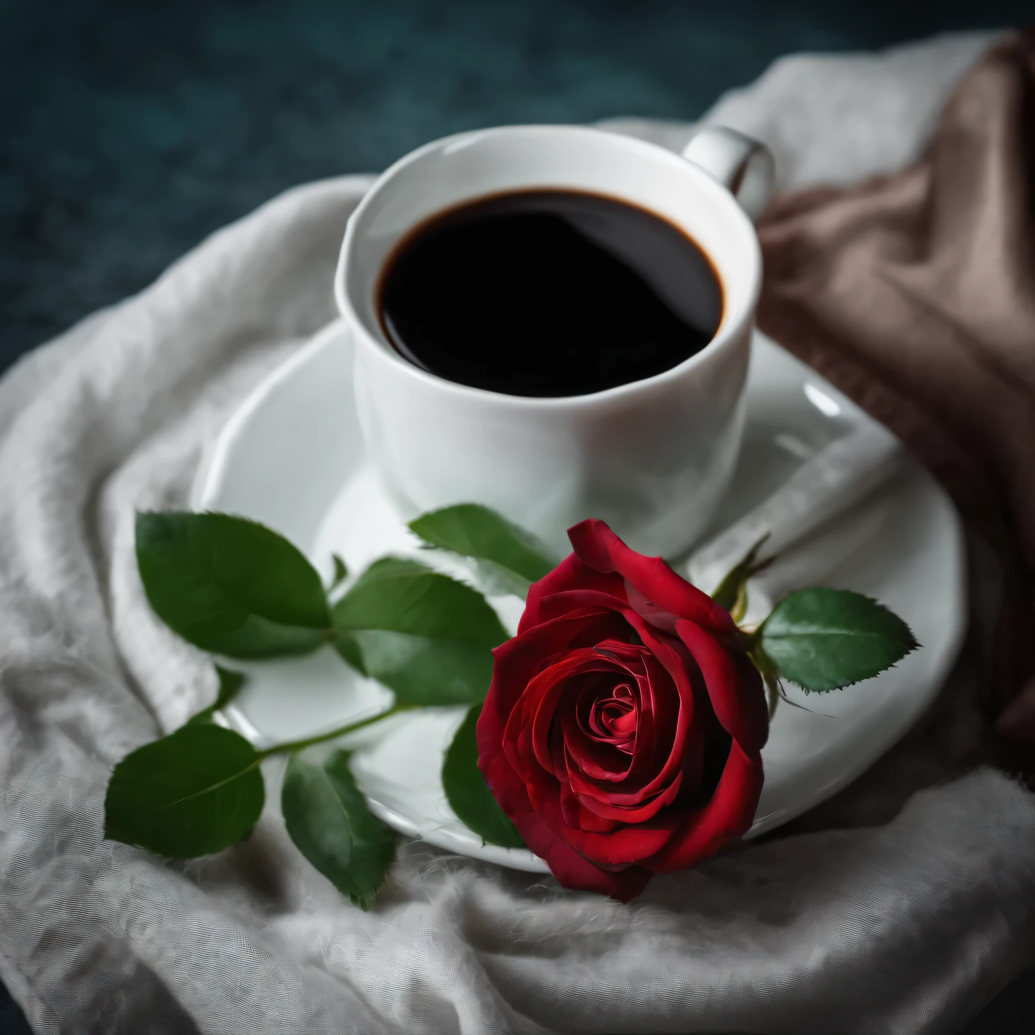 A cup of coffee and a rose on the side