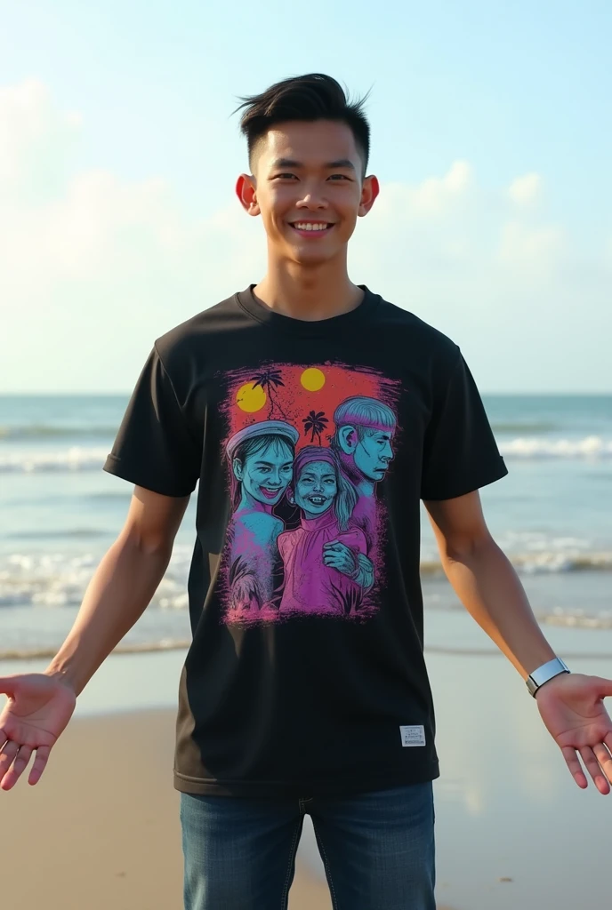 Photorealism An 18 year old Indonesian man with a thin smiling face looking forward ,skinny and short body wearing a black t-shirt with cool colorful neon pictures, with haircut (short slicked back) ,jeans ,hands stretched out to the side on the beach