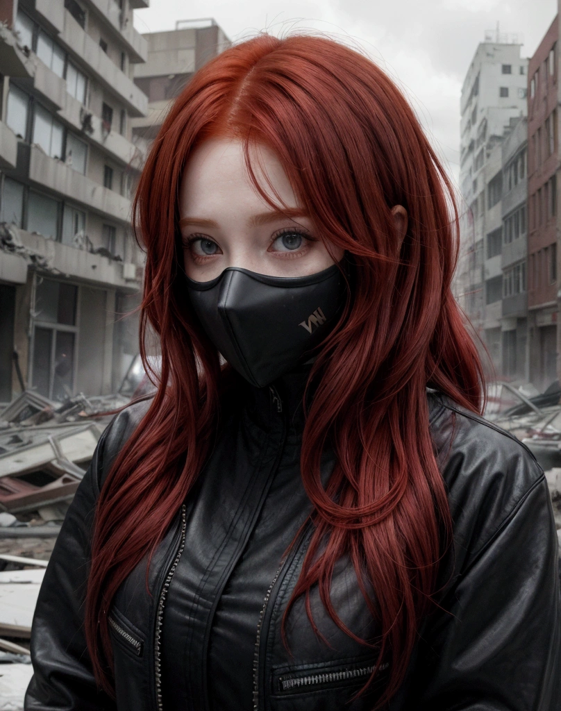 A red-haired woman in a destroyed city wearing dark clothes, a coat covering her face along with a black mask
