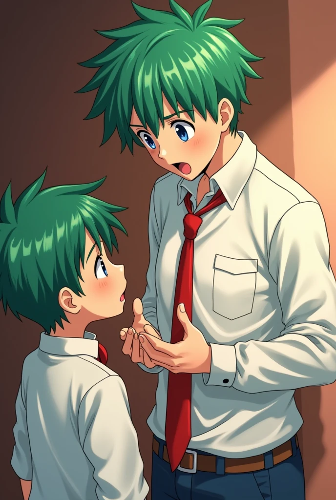 An image of Itadori showing his penis to a shorter green-haired boy