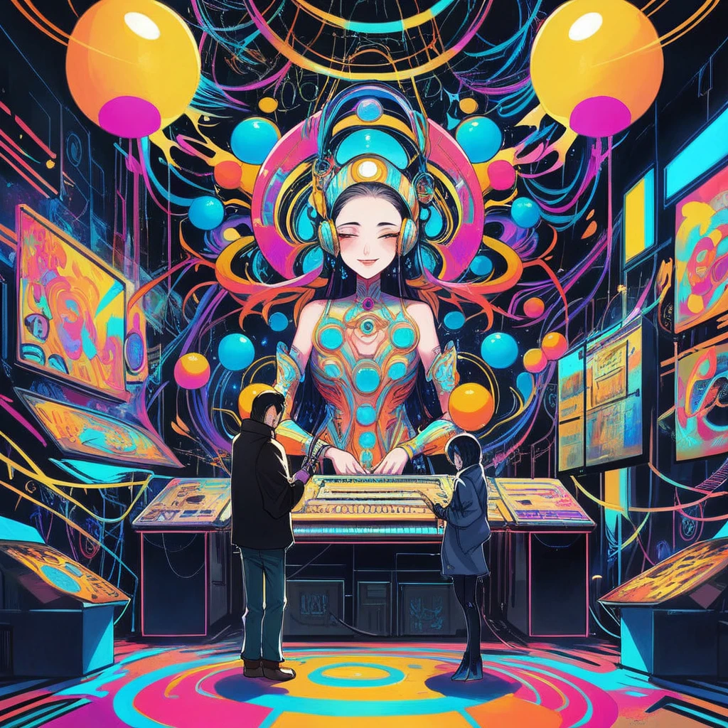 Highest quality, 4k wallpaper, 8k, ultra-high resolution, masterpiece, highly detailed CG, highly detailed eyes, ultra-detailed, complex details, public, 1:1, one 19-20 year old woman (long black hair, slim) and one 19-20 year old man, a woman and man standing back to back in the center, a shy and lonely looking up as they stand back to back, neon pop abstract art style, abstract plant art, public, highly detailed flow of bubbles, dynamic art, cinematic lighting,"In a vibrant neon-lit room, a human and a personified AI work together to create music. The human, a smiling man, is at the center, enjoying the public space, adjusting sound controls with a relaxed expression. The AI, depicted as a humanoid figure with glowing circuits and a futuristic appearance, is playing an electric instrument with precision. The background is filled with dynamic, pop-colored bubbles that move energetically, adding a lively atmosphere. Very fine bubble streams and gently moving chains further enhance the dynamic environment. The entire composition is in a neon pop abstract art style, with intricate patterns and vibrant colors. The image should be highly detailed, with a very fine grain texture, resembling a masterpiece in 4K resolution."