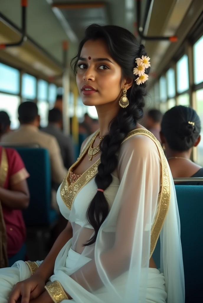 I indian women, round face, symmetry face features sitting in a bus, deeply thinking, braided long hairs, flowers in he hair, white transparent saree, age : 28, huge bust, blurry surroundings, side angle, looking at viewer, ( visible bus seats, rods and other passangers)