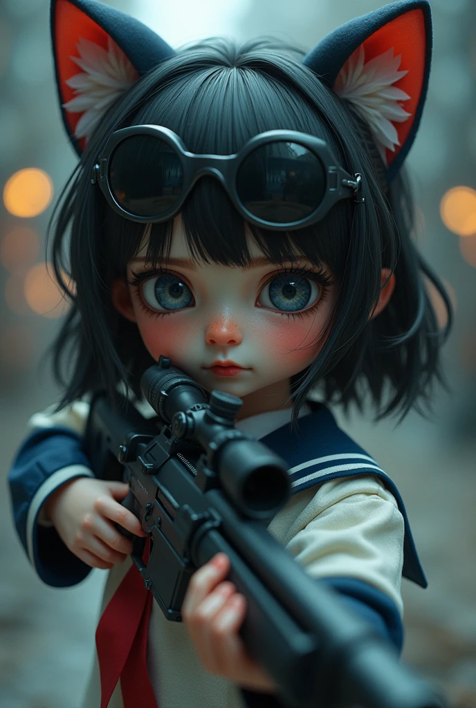 Chibi-chara ta girl with cat ears wearing a sailor uniform and sunglasses holding a sniper rifle
A more mysterious atmosphere, more doll-like, a bit more Japanese-style, more doll-like atmosphere, not cute, more cute, cute taste is fine, but a cuter face, so as not to look like an anime, doll eyes are scary, so more cute