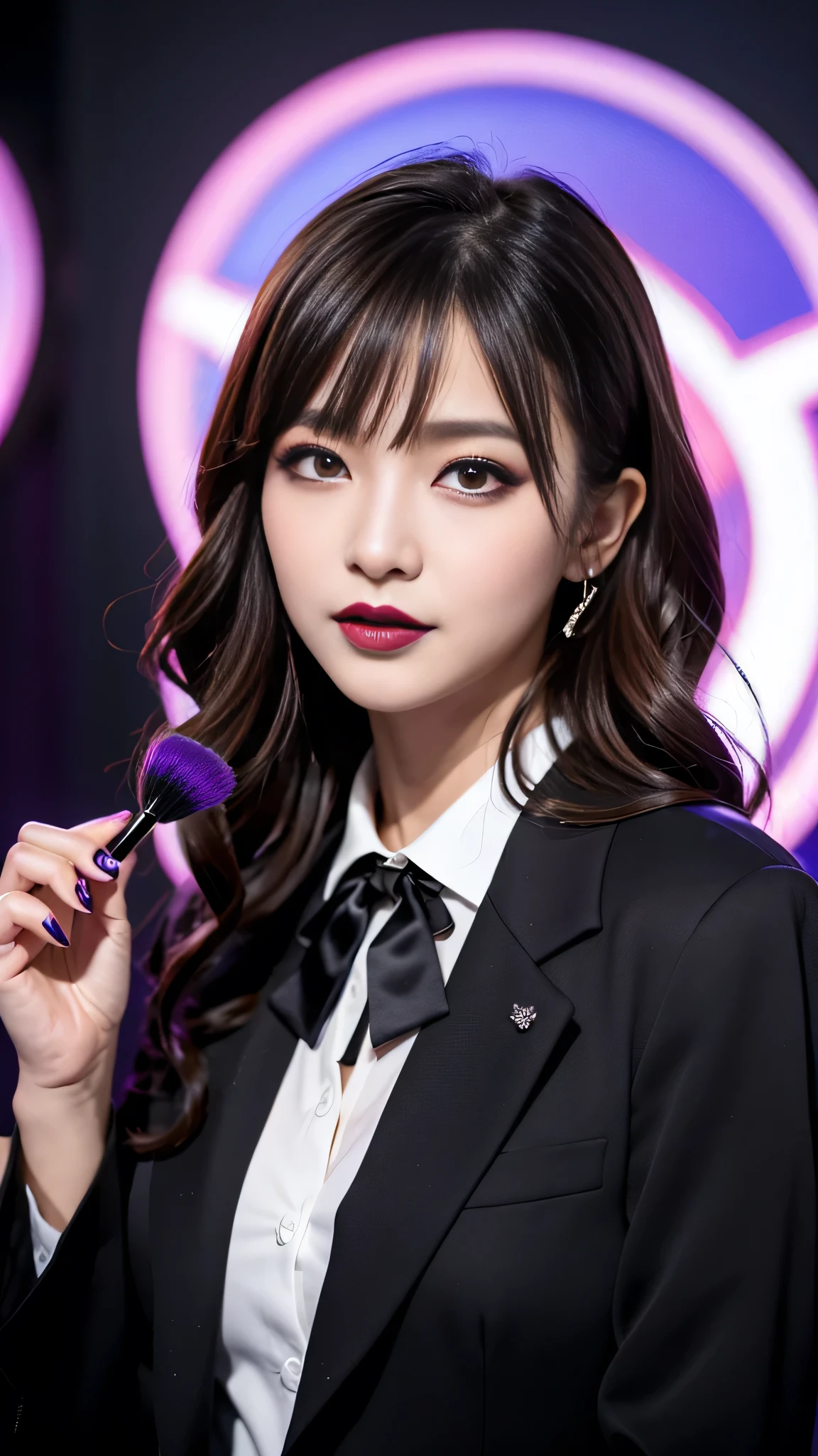 best quality、ultra-detailed、8k、Japanese、Seductive beauty、seductive adult woman、Pretty Woman、cool girl、smirk、Wicked Smile、Villainess、brainwash makeup、brainwash、Fallen into evil、Evil look、evil、Brown hair、wavy hair、swept bangs、dark makeup、piercing eyes、hollow eyes,half-closed eyes、Hollow Eyes、purple Eyeshadow、black lipstick、black lipglos、Purple Eyeshadow、black lipstick、black lip gloss、Dark Makeup、smirk、Whisper in my ear、business suit、black Jacket、white blouse、ribbon、flare skirt、pantyhose、night、inside darkroom、Kiss、I have lipstick、Are standing、Look、Offer、shoot from below、