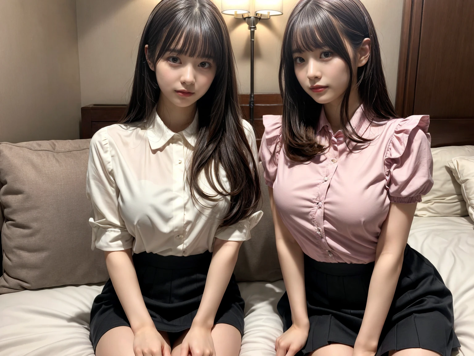 masterpiece, best quality, illustration, Super detailed, fine details, High resolution, 8K,wall paper, perfect dynamic composition,(Details High quality, realistic depiction of eyes:1.3), (2 girls), pink frilled shirt blouse, Black Frilled skirt, sitting, open legs, short bob hair, in a hotel room in the background, deep on field, large breasts, black hair color, Big Natural Color Lip, (perfect body shape), crying a little、Harajuku style、20 year old girl、cute type、beautiful legs, Gravure Idol