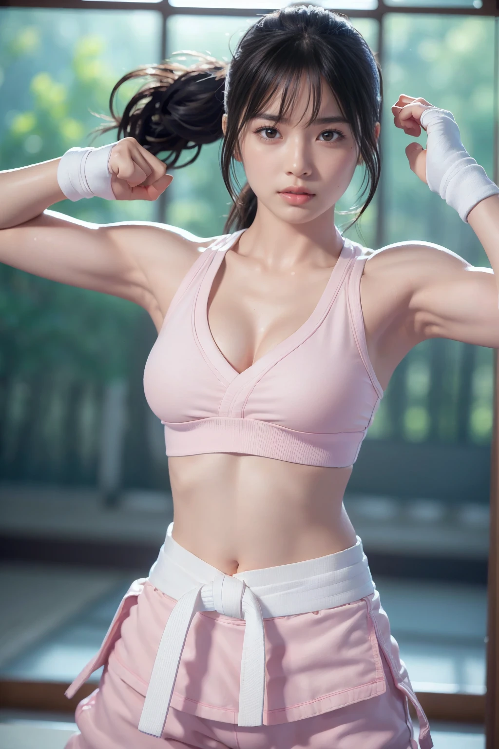 (I can see a sporty bra)、(((Sexy pink Karate singlet clothes)))、Female karateka with bangs and ponytail、Visible navel and lower chest、shiny skin、((shy face))、((Turn your face away))、((look sideways))、((face is flushed))、(Watery eye)、cry、(((Karate Dojo)))、((delicate pictures))，(Masterpiece detailed RAW photos:1.25), (highest quality:1.6), (Super high resolution:1.5), (realistic:1.75), 8K resolution, Canon EOS R5, 50mm, absurd, super detailed,cinematic lighting、((Sporty panties are visible))、(((The pants are taken off)))、