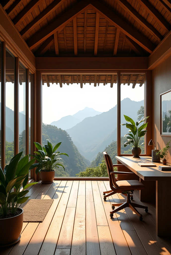 Office in joglo house , wood floor decking, open big window
Mountain view