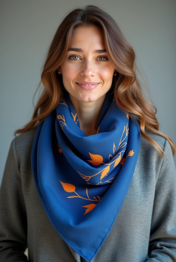 A blue tone，Orange-embellished bank employee scarf