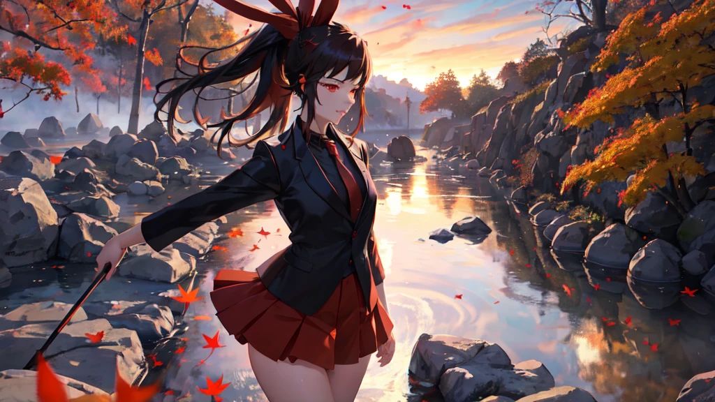 masterpiece, best quality,
ha yuri zahard, 1girl, shiny skin, red eyes, white jacket, black shirt, necktie, red skirt, ponytail, hair ribbon, bathing in autumn red maple onsen, sensual, orange dusk sky, kyoto