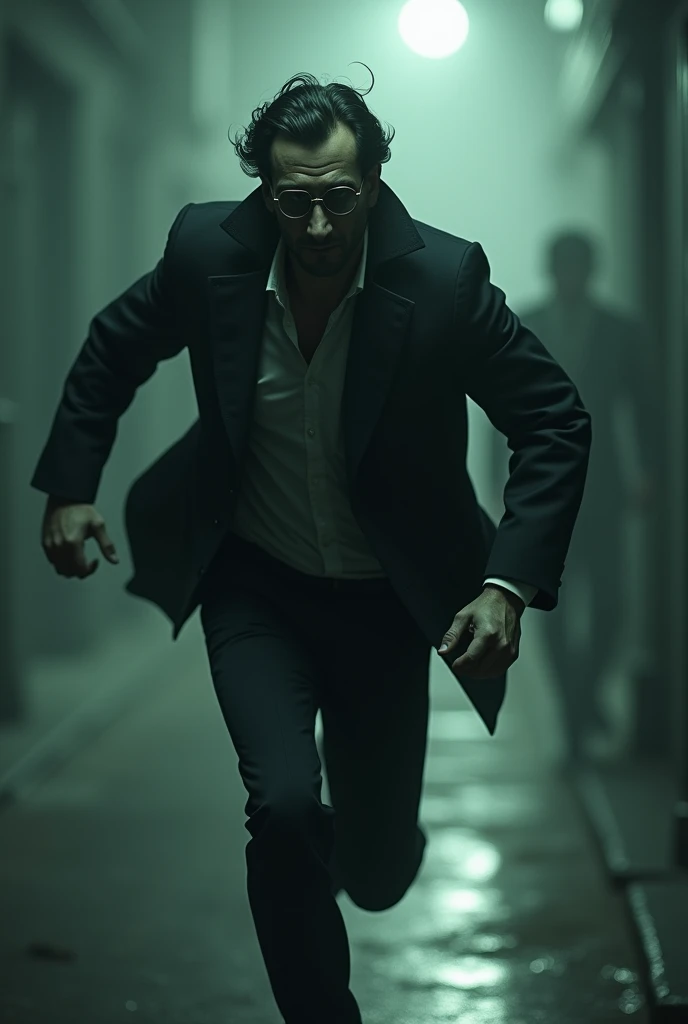 A cunning person he wear specs and he is running and he looks mysterious and horror