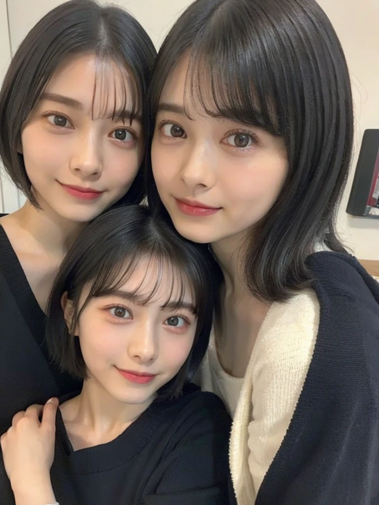 (masterpiece:1.3), (8k, Photoreal, Raw photo, best image quality: 1.4), Japanese high school girl、(random hairstyle:1.2)、cleavage:1.5、super detail face、eye for details、double eyelid、chest to chest、sharp focus:1.2、Beautiful woman:1.4、light brown hair、highest quality、masterpiece、超A high resolution、(Photoreal:1.4)、Highly detailed and professionally lit smiles、loose and light knitwear、shoulder out、thin、serious expression、short haired、deadly position
similar identical twins
All the girls have the exact same face, The two have the same face and figure, as if they were mirror images.