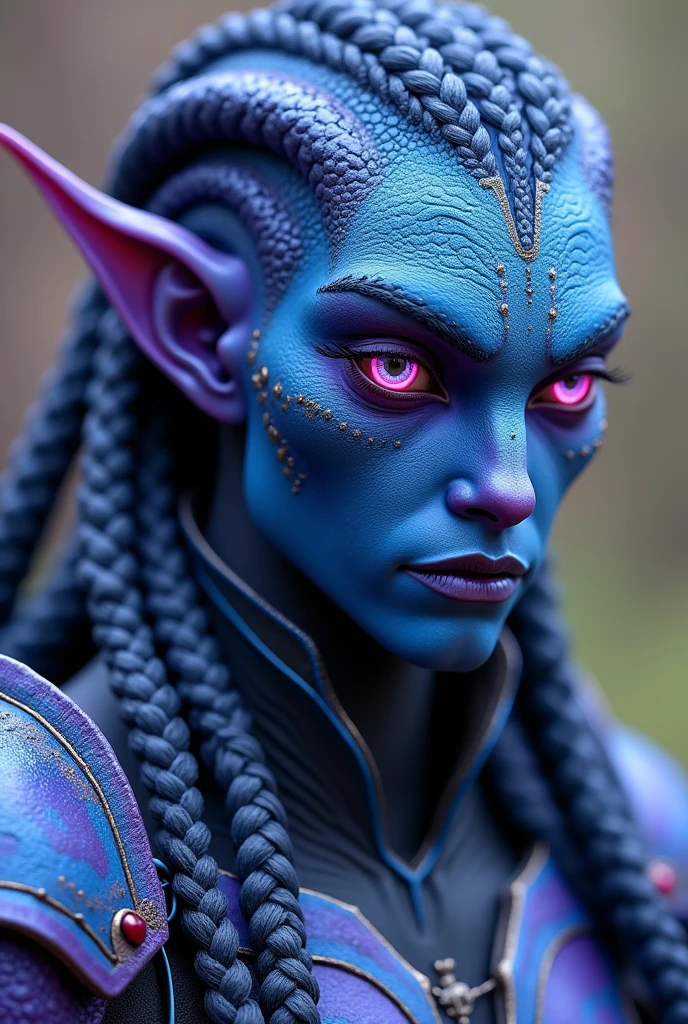 Create a HUMAN in blue and purple, high, bright eyes scaly, that has braided hair, armored and full body, his humanoid face and man






