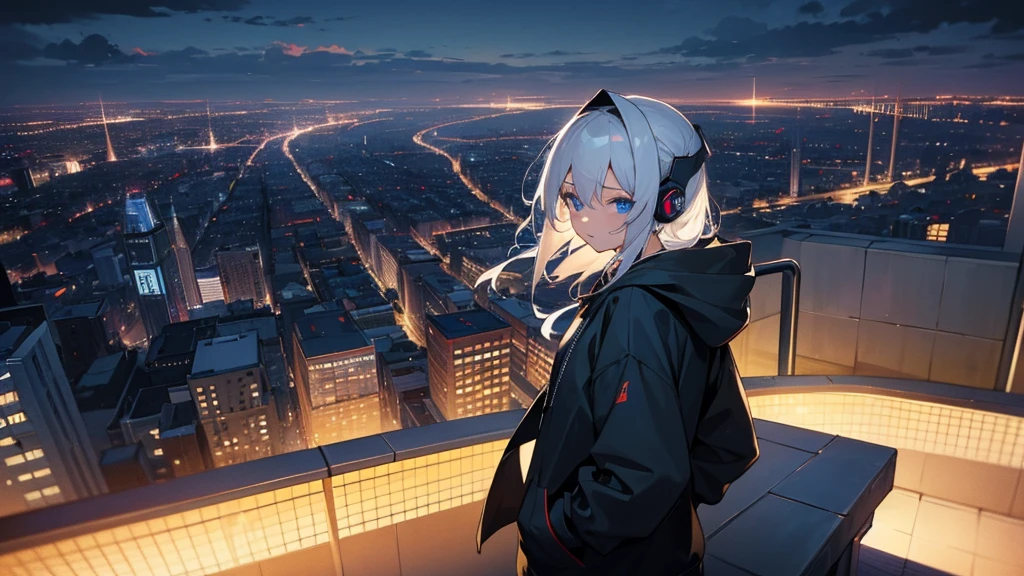 Best quaility, masterpiece, 4k, at night, A girl with white hair with blue eyes and around middle school age was wearing a hoodie、put her hands into her hoodie's pockets, she wears a headset, The girl is facing the night view of the city、she is on the roof top of a high building in the city, watching the beautiful view, You can see a beautiful and majestic city night view in the distance