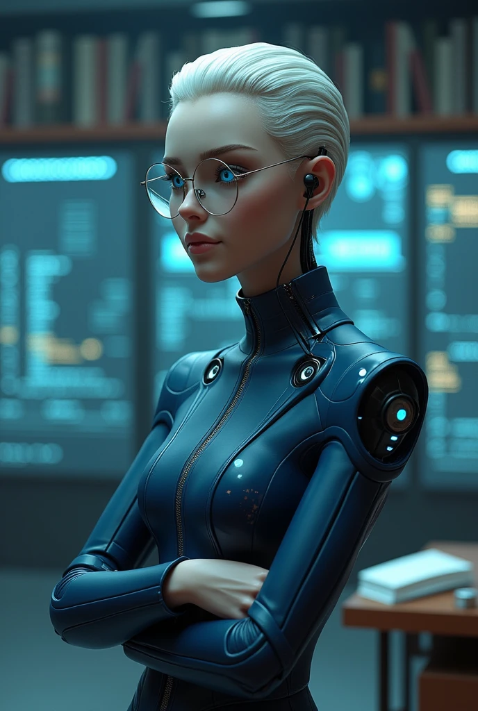 ((Biologically correct limb count))、(( Full-body photo including face))、4K、((Standing position))、masterpiece、((Focus on the face))、((Symmetrical facial features))、, (Natural skin texture, Detailed skin, detailed eyes、 Hyperrealism, Sharpness),A sophisticated humanoid AI character with a sharp, intelligent expression. The character is dressed in a classic blue or gray suit with a modern, cyberpunk twist, featuring glossy materials and small digital display details. The character has platinum blonde or silver hair, neatly styled, and bright blue or green eyes with digital patterns inside. The character wears small earphones and glasses, and has a holographic display on their back showing data. The background is a futuristic digital library filled with books and data screens. The character is in a thoughtful pose, either holding a book or analyzing data on a display.
