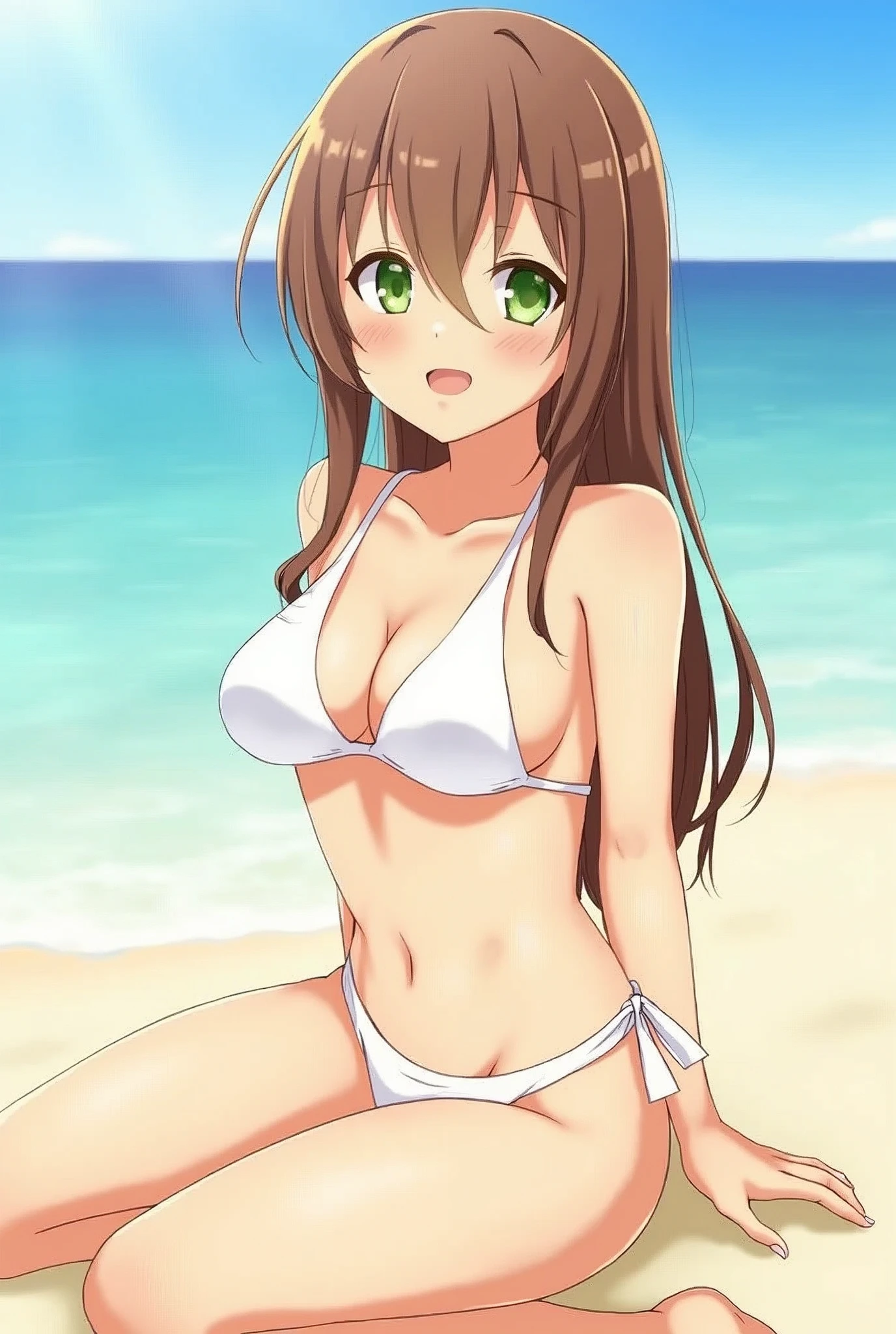 (best quality:1.4), (ultra-detailed:1.3), (illustration:1.2), original, solo, portrait, 1girl, brown hair, long hair, green eyes, white bikini, side-tie bikini bottom, light smile, open mouth, blush, sitting, beach, nsfw
