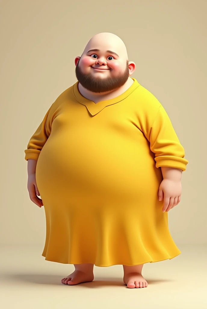 Black bald chubby boy with little beard in yellow dress
