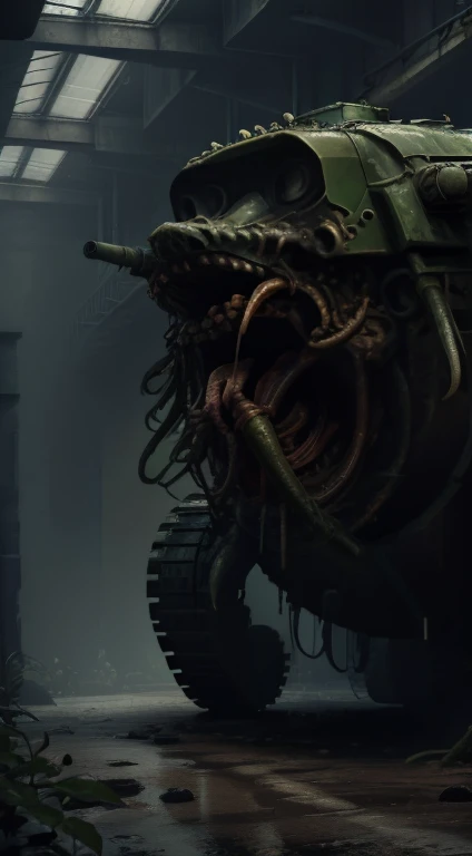 Tank, Green tank, (Masterpiece:1.3) (best quality:1.2) (high quality:1.1), a monster tank mimics as a military tank to capture humans. Mimicry. Mimic. Monster tank. Tank for war. Military tank